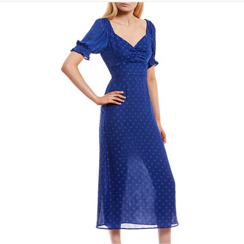 GB Polka Dot Short Sleeve Ruched Satin Midi Dress